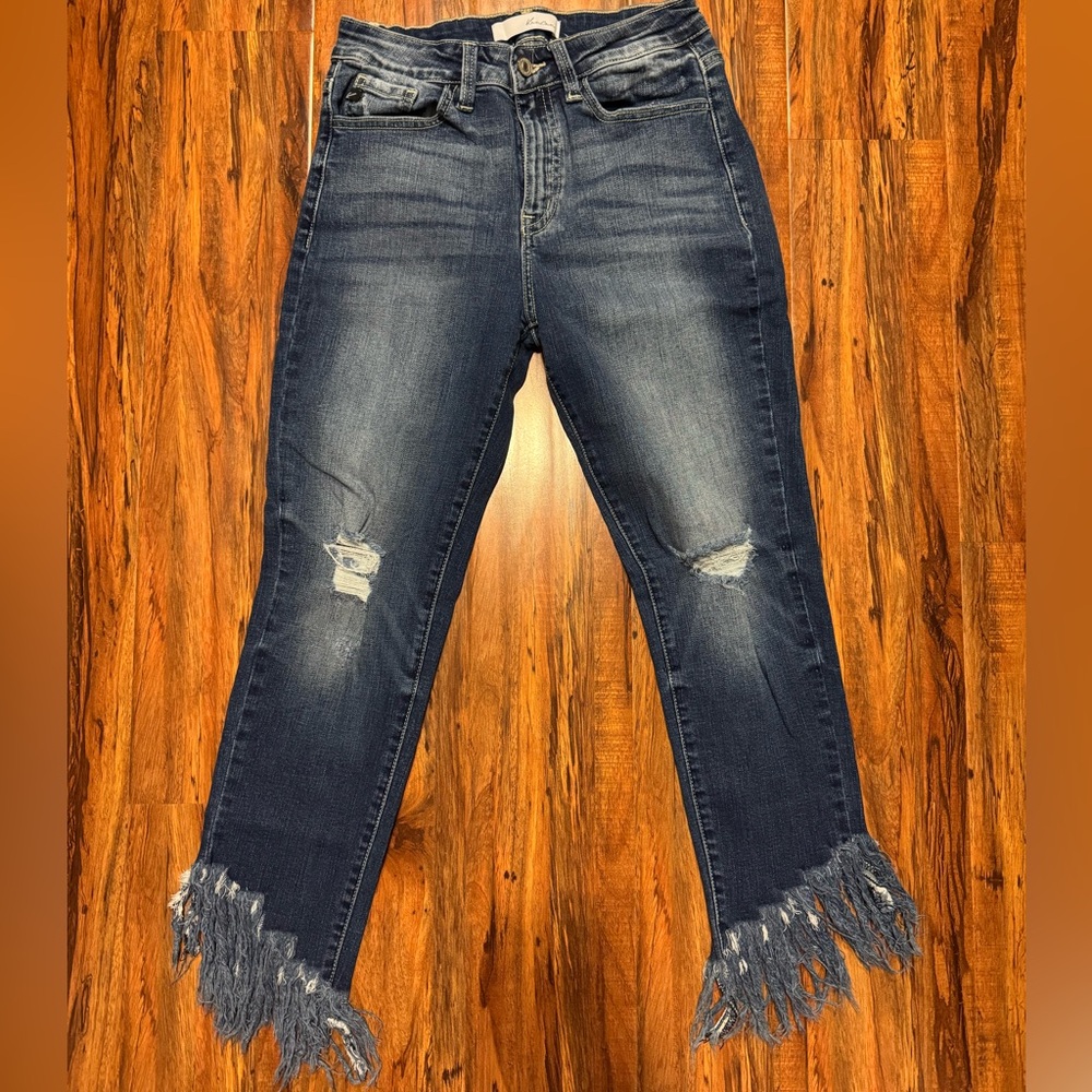 KanCan Denim Ankle Cropped Jeans with Fringe
